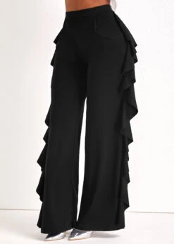 Black Ruffle Wide Leg High Waisted Pants -Modlily Shop 322848 P 16736195393172