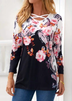 Black Criss Cross Floral Print T Shirt -Modlily Shop 322859 P 16770620625294