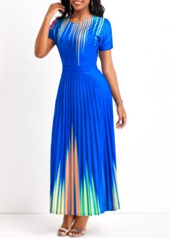 Royal Blue Pleated Ombre Short Sleeve Maxi Dress -Modlily Shop 322917 P 16756812922802