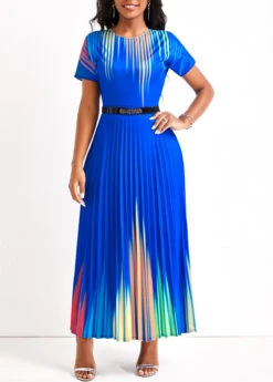 Royal Blue Pleated Ombre Short Sleeve Maxi Dress -Modlily Shop 322917 P 16756812926083