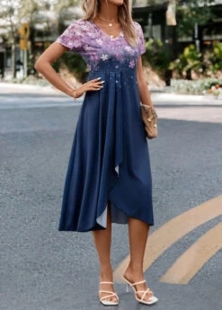 Navy Cross Hem Floral Print Short Sleeve Dress -Modlily Shop 322967 P 16757538703802