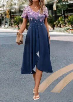 Navy Cross Hem Floral Print Short Sleeve Dress -Modlily Shop 322967 P 16757538705295