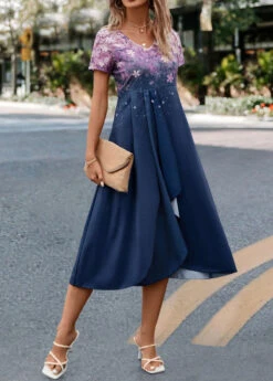 Navy Cross Hem Floral Print Short Sleeve Dress -Modlily Shop 322967 P 16757538708760