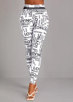 White Letter Print High Waisted Ankle Length Leggings -Modlily Shop 323132 P 16967562266554