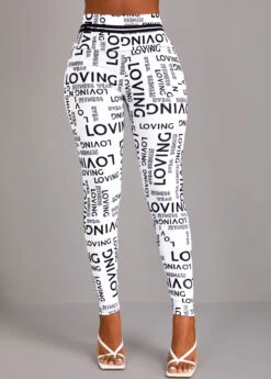 White Letter Print High Waisted Ankle Length Leggings -Modlily Shop 323132 P 16967562267782