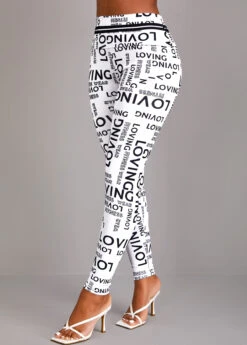 White Letter Print High Waisted Ankle Length Leggings -Modlily Shop 323132 P 16967562267793