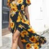 Black Surplice Floral Print Short Sleeve Dress