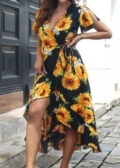 Black Surplice Floral Print Short Sleeve Dress -Modlily Shop 323228 P 1672284160252