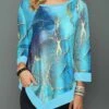 Round Neck Cyan Patchwork Ombre T Shirt -Modlily Shop 323630 P 1677477681985