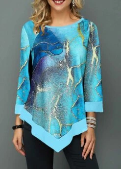 Round Neck Cyan Patchwork Ombre T Shirt -Modlily Shop 323630 P 1677477682183