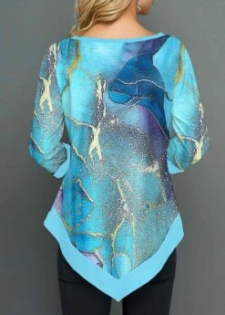 Round Neck Cyan Patchwork Ombre T Shirt -Modlily Shop 323630 P 1677477682259