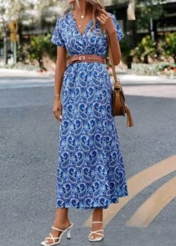 Blue Split Paisley Print Belted Dress -Modlily Shop 323694 P 16757538902692
