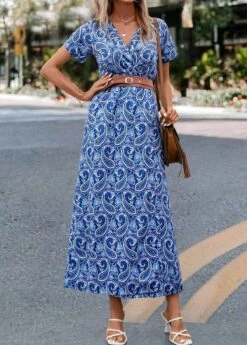 Blue Split Paisley Print Belted Dress -Modlily Shop 323694 P 16757538903535
