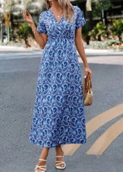 Blue Split Paisley Print Belted Dress -Modlily Shop 323694 P 16757538905633