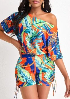 Multi Color Drawstring Leaf Print Romper