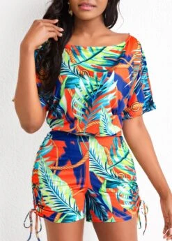 Multi Color Drawstring Leaf Print Romper -Modlily Shop 323824 P 16770618882863