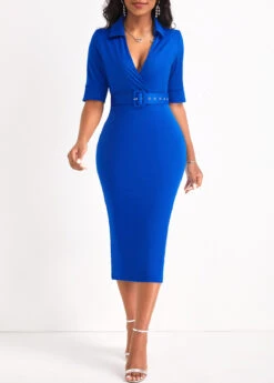 Royal Blue Surplice Belted Half Sleeve Dress