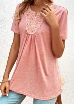 Pink Zipper Short Sleeve Round Neck T Shirt -Modlily Shop 323928 P 16788414590994