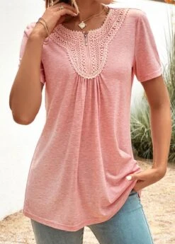 Pink Zipper Short Sleeve Round Neck T Shirt -Modlily Shop 323928 P 16788414592783
