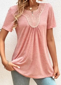 Pink Zipper Short Sleeve Round Neck T Shirt -Modlily Shop 323928 P 16788414595002