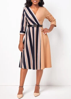 Light Coffee V Neck 3/4 Sleeve Striped Belted Dress -Modlily Shop 324991 P 1675063595022