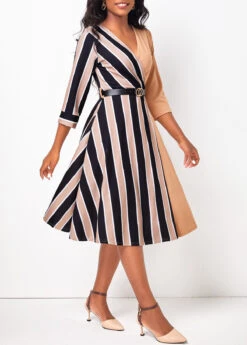 Light Coffee V Neck 3/4 Sleeve Striped Belted Dress -Modlily Shop 324991 P 1675063595034