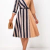 Light Coffee V Neck 3/4 Sleeve Striped Belted Dress -Modlily Shop 324991 P 1675063595362