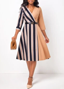 Light Coffee V Neck 3/4 Sleeve Striped Belted Dress