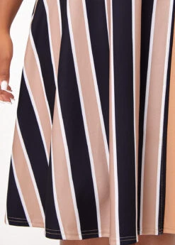 Light Coffee V Neck 3/4 Sleeve Striped Belted Dress -Modlily Shop 324991 P 1675063595402