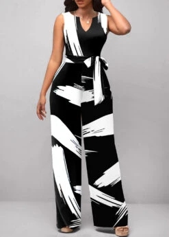 White Graffiti Print Belted Sleeveless Jumpsuit