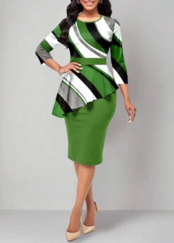 Green Fake 2in1 Geometric Print Dress