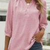 Pink Split Neck 3/4 Sleeve T Shirt -Modlily Shop 325519 P 1675733820484