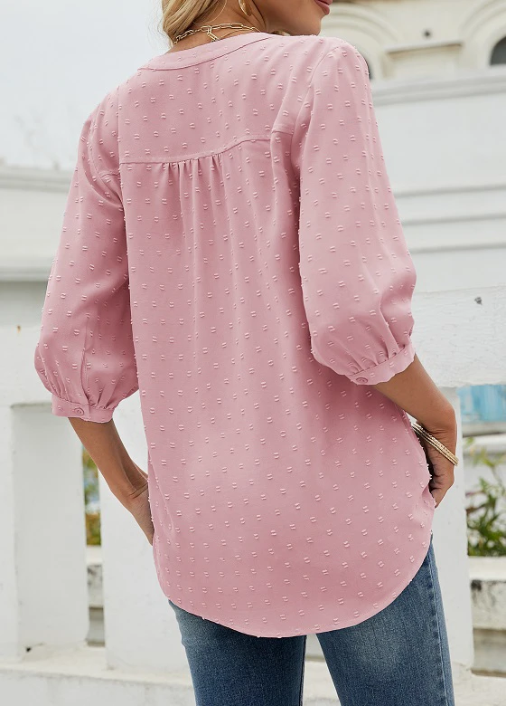 Pink Split Neck 3/4 Sleeve T Shirt 4 Pink Split Neck 3/4 Sleeve T Shirt - Image 2