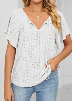 White Tie Short Sleeve V Neck T Shirt