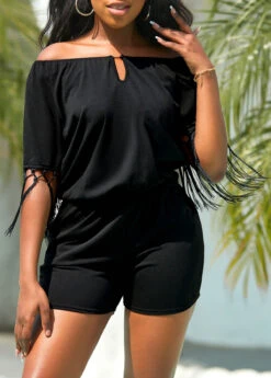 Black Tassel Short Half Sleeve Off Shoulder Romper -Modlily Shop 325695 P 16789333373684
