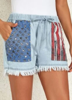 Dusty Blue Pocket Flag Print Regular Drawastring Jeans