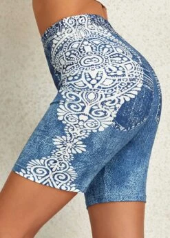 Denim Blue Tribal Print Skinny Elastic Waist Shorts -Modlily Shop 325711 P 16778365372433