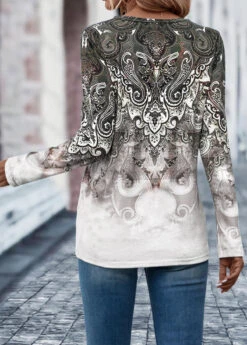 Light Coffee Button Tribal Print T Shirt -Modlily Shop 326040 P 16772331811421