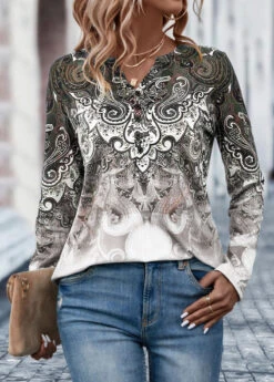 Light Coffee Button Tribal Print T Shirt -Modlily Shop 326040 P 16772331817842