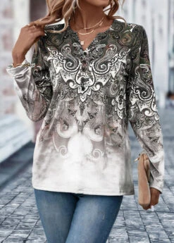 Light Coffee Button Tribal Print T Shirt -Modlily Shop 326040 P 16772331818093