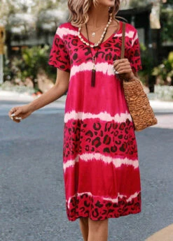 Hot Pink Leopard Short Sleeve Dress -Modlily Shop 326045 P 16764555262022