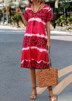 Hot Pink Leopard Short Sleeve Dress -Modlily Shop 326045 P 16764555264174
