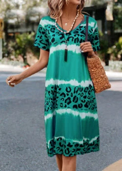 Green Leopard H Shape Short Sleeve Dress -Modlily Shop 326047 P 16764559923042