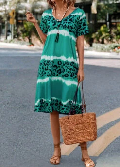Green Leopard H Shape Short Sleeve Dress -Modlily Shop 326047 P 16764559923964