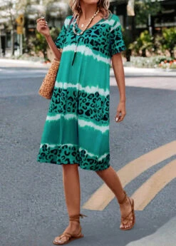 Green Leopard H Shape Short Sleeve Dress -Modlily Shop 326047 P 16764559928623