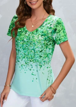 Green Lightweigh Leaf Print Short Sleeve T Shirt 10 Green Lightweigh Leaf Print Short Sleeve T Shirt -Modlily Shop 326079 P 16784265498622