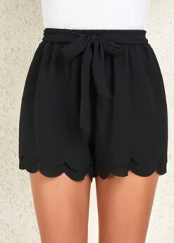 Black Drawstring Belted Elastic Waist Shorts