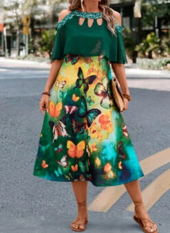 Green Cage Neck Butterfly Print A Line Dress -Modlily Shop 326098 P 16799855362060