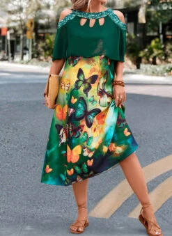 Green Cage Neck Butterfly Print A Line Dress