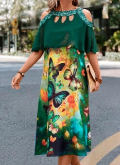 Green Cage Neck Butterfly Print A Line Dress -Modlily Shop 326098 P 16799855367045